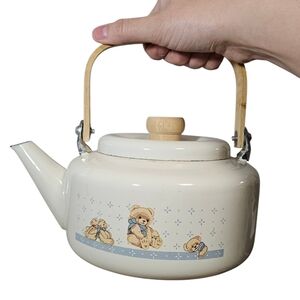 Vintage RARE Tienshan Theodore Country Bear Enamel Tea Kettle With Wooden Handle